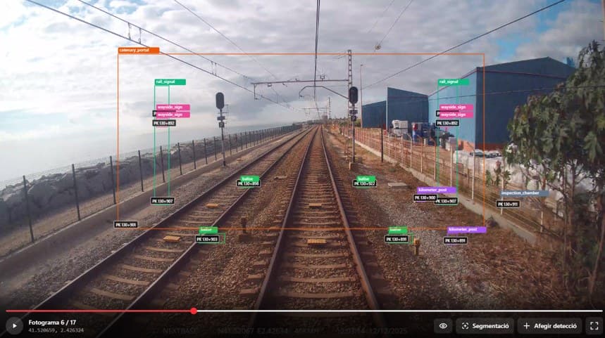 Cab-ride frame with railway assets detected and labelled with PK references.